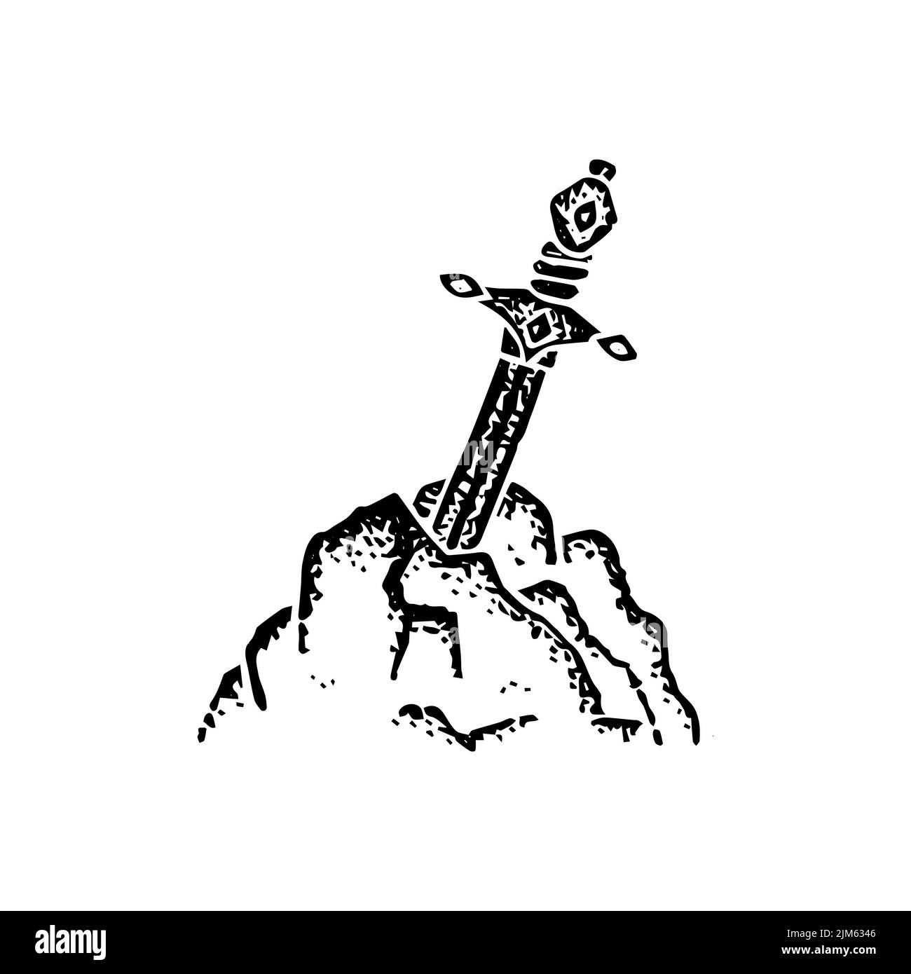 Sword in Stone Dotwork. Vector Illustration of Hand Drawn Objects Stock