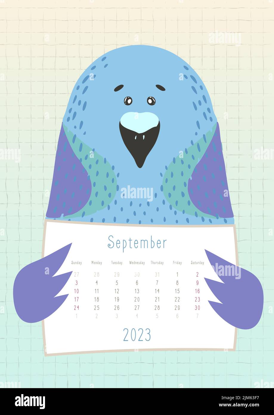 2023 september calendar, cute pigeon holding a monthly calendar sheet, hand drawn childish style. Stock Vector