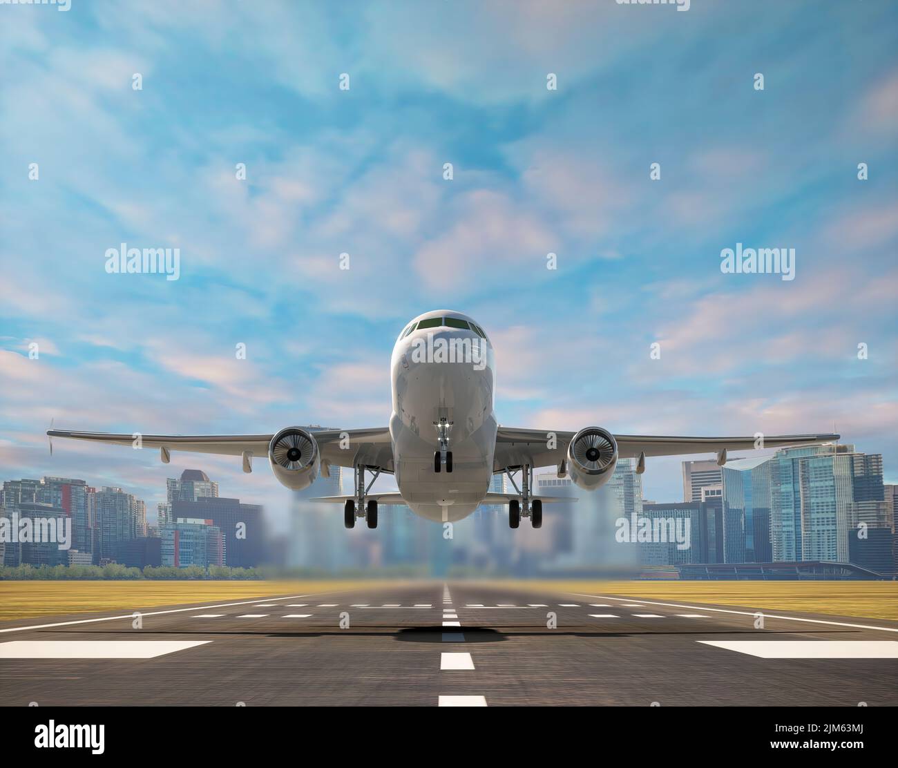 Commercial airplane Take off on airport runway with city in the background and beautiful afternoon skies, 3D illustration. Stock Photo
