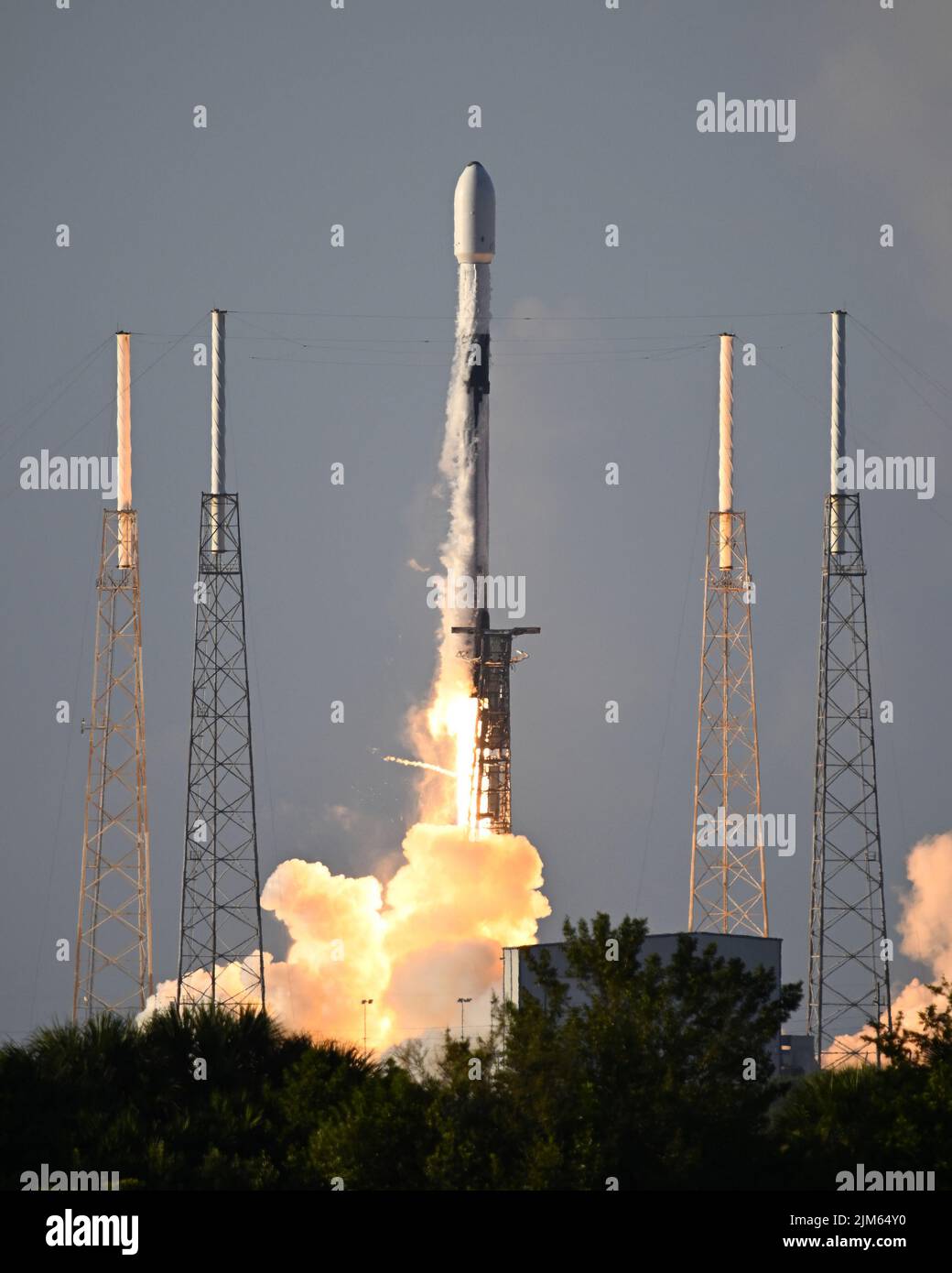 A SpaceX Falcon 9 rocket launches the Korea Pathfinder Lunar Orbiter (KPLO) from Complex 40 at 7:08 PM from the Cape Canaveral Space Force Station, Florida on Thursday August 4, 2022. South Korea's mission will search for potential areas of water ice on the lunar surface. Photo by Joe Marino/UPI Credit: UPI/Alamy Live News Stock Photo