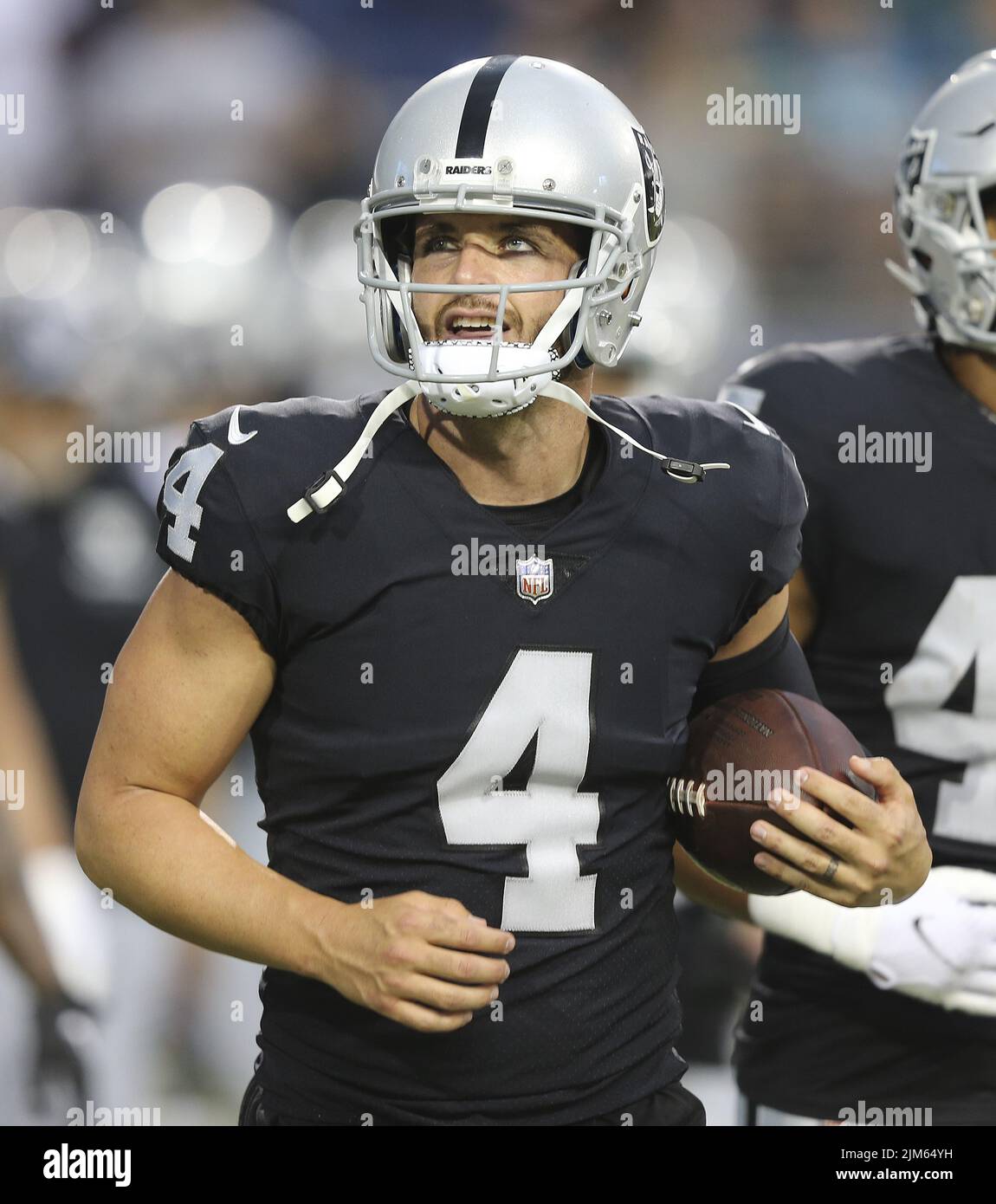 Canton, United States. 04th Aug, 2022. Las Vegas Raiders Derek Carr leaves the field during a weather delay prior to the start of the Pro Football Hall of Game against the Las Vegas Raiders in Canton, Ohio, on Thursday, August 4, 2022. Photo by Aaron Josefczyk/UPI Credit: UPI/Alamy Live News Stock Photo