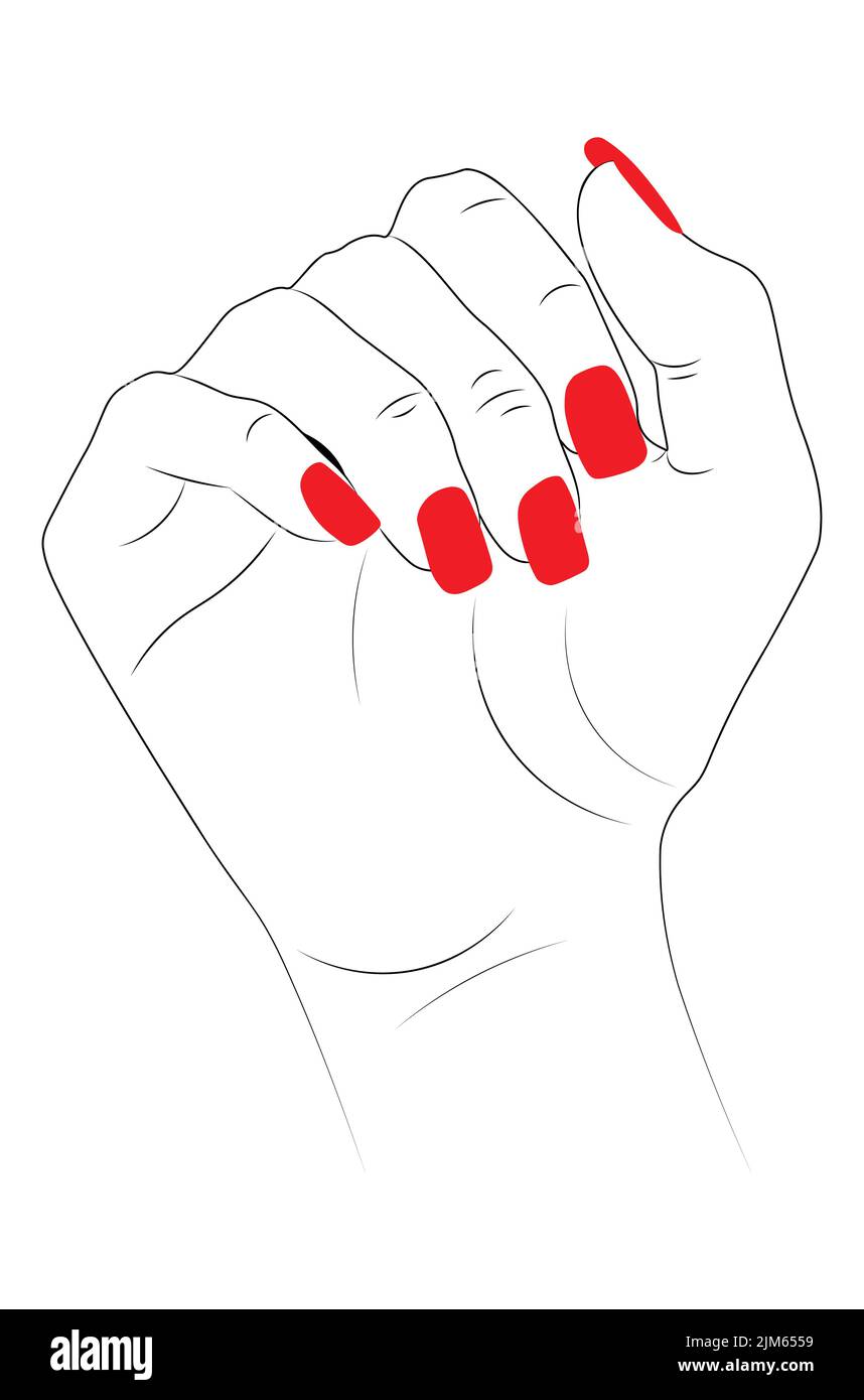 Human hand with red nail polish, line art style, minimalism Stock