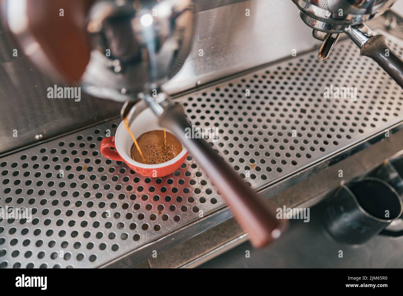 Close up view of preparing coffee espresso in automatic coffee machine ...