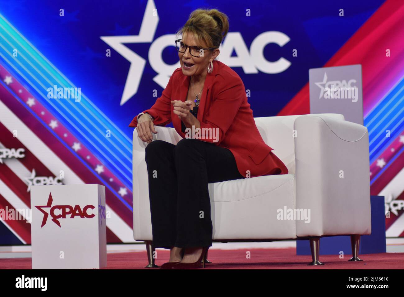 Dallas, Texas, USA. 4th Aug, 2022. (NEW) Sarah Palin delivers remarks at the Conservative Political Action Conference 2022 in Dallas, Texas. August 4, 2022, Dallas, TX, USA. Sarah Palin delivers remarks during the Conservative Political Action Conference (CPAC), held in the state of Texas, in United States, on Thursday (4). Sarah Palin is running for Congress to replace Representative Don Young, who died. Sarah Palin is a Former Governor of the State of Alaska. The conference is broadcast live on the CPAC website and online on Fox Nation. (Credit Image: © Kyle Mazza/TheNEWS2 via ZUMA Press Wi Stock Photo