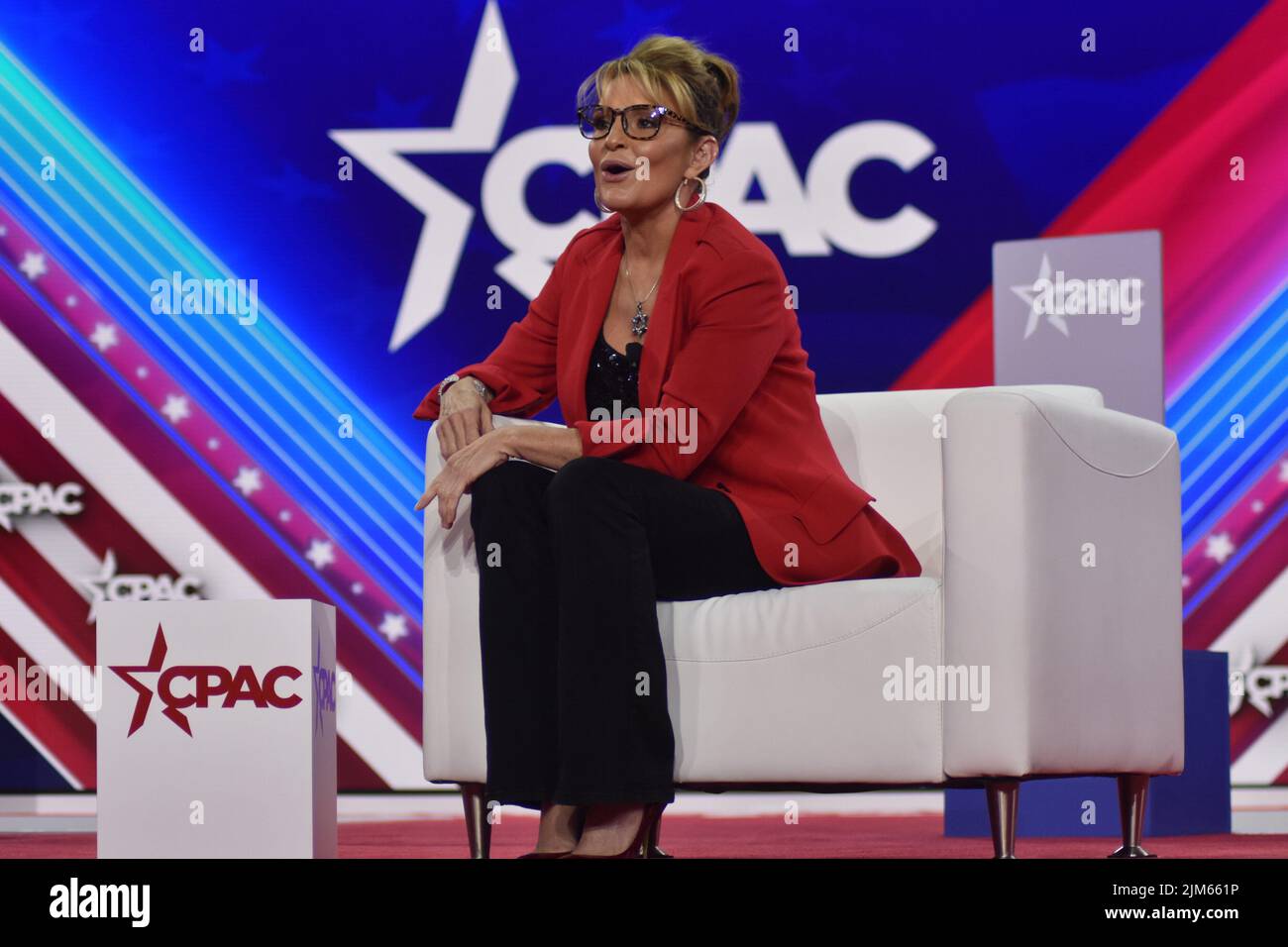 Dallas, Texas, USA. 4th Aug, 2022. (NEW) Sarah Palin delivers remarks at the Conservative Political Action Conference 2022 in Dallas, Texas. August 4, 2022, Dallas, TX, USA. Sarah Palin delivers remarks during the Conservative Political Action Conference (CPAC), held in the state of Texas, in United States, on Thursday (4). Sarah Palin is running for Congress to replace Representative Don Young, who died. Sarah Palin is a Former Governor of the State of Alaska. The conference is broadcast live on the CPAC website and online on Fox Nation. (Credit Image: © Kyle Mazza/TheNEWS2 via ZUMA Press Wi Stock Photo
