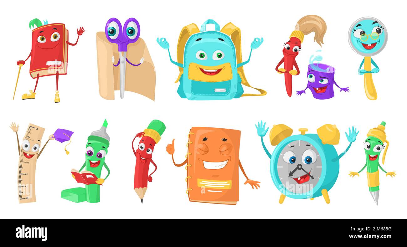 https://c8.alamy.com/comp/2JM685G/school-mascot-characters-set-education-items-vector-illustration-funny-cartoon-children-supplies-for-study-with-happy-smile-isolated-on-white-backgr-2JM685G.jpg
