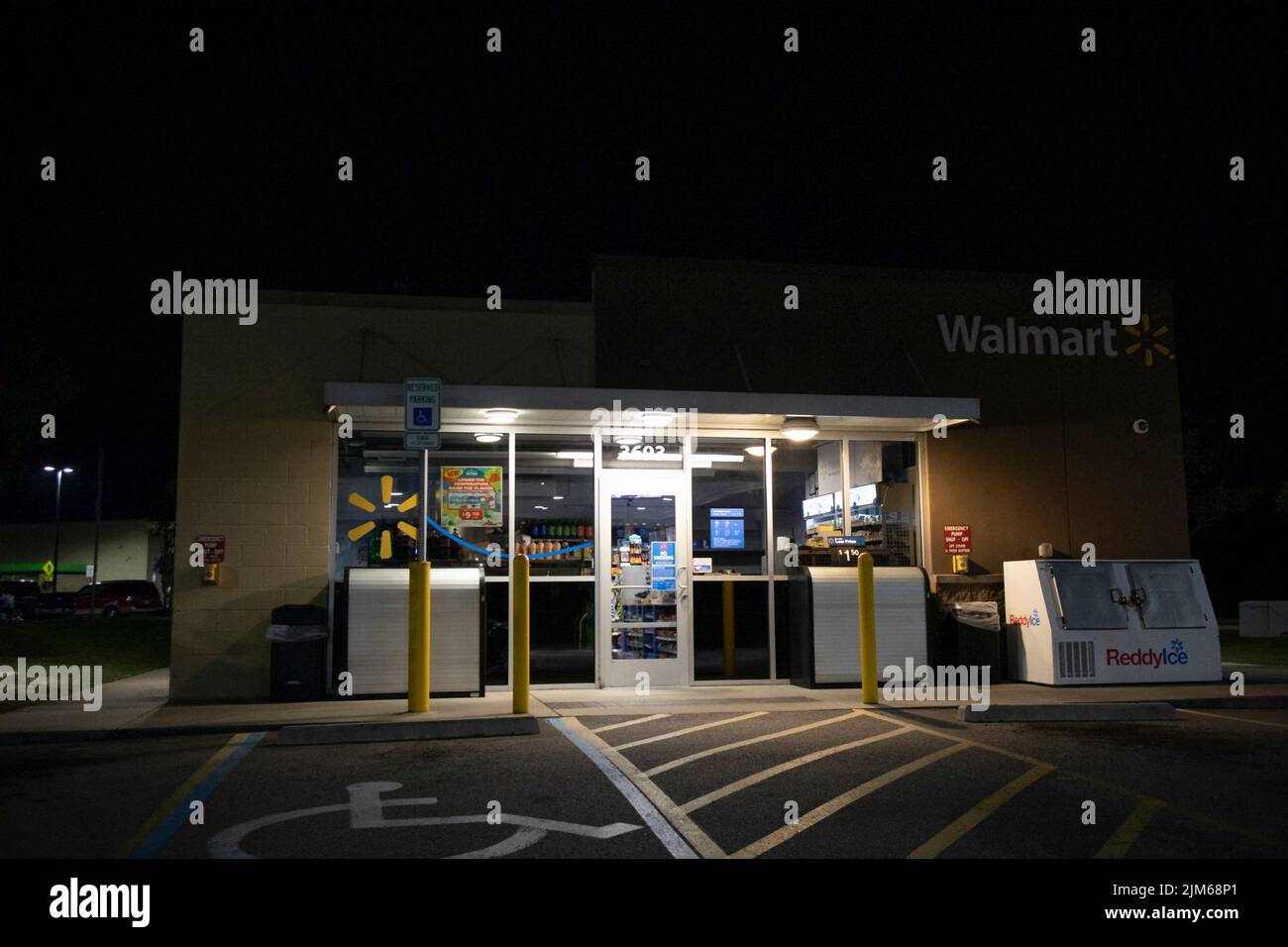 Augusta, Ga USA - 10 18 21: Walmart gas station retail store at night closed Stock Photo