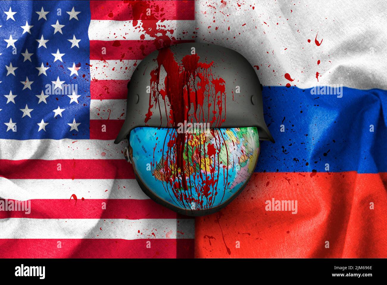 A split illustration of USA and Russia flags covered with blood