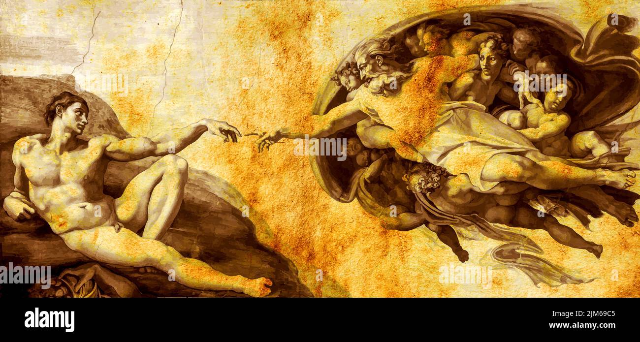 A closeup shot of the painting of the creation of Adam by Michelangelo Stock Photo