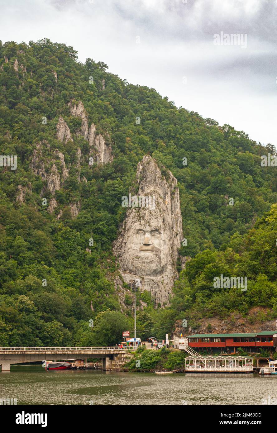 At the Iron Gate of the Danube River you see this carving of the ancient  Dacian King Decebalus of Romania. Stock Photo