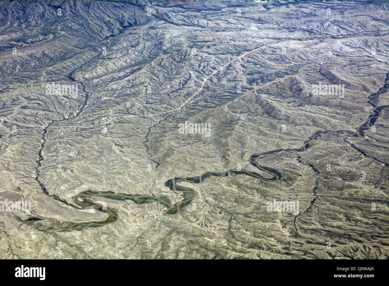 Aerial view of the Medicine Bow River, a tributary of the North Platte, in the semi-arid high desert of Carbon County, southern Wyoming, United States Stock Photo