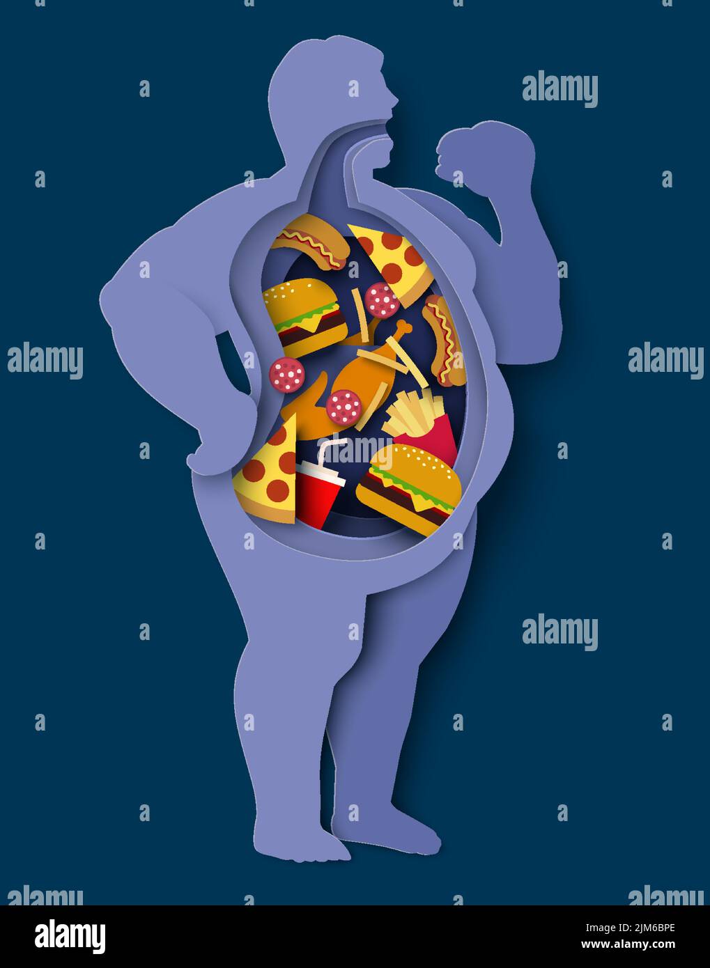 Excess weight man paper cut vector design. Overweight and obesity concept. Unhealthy diet and junk food inside fat male body. Adult person abdominal o Stock Vector