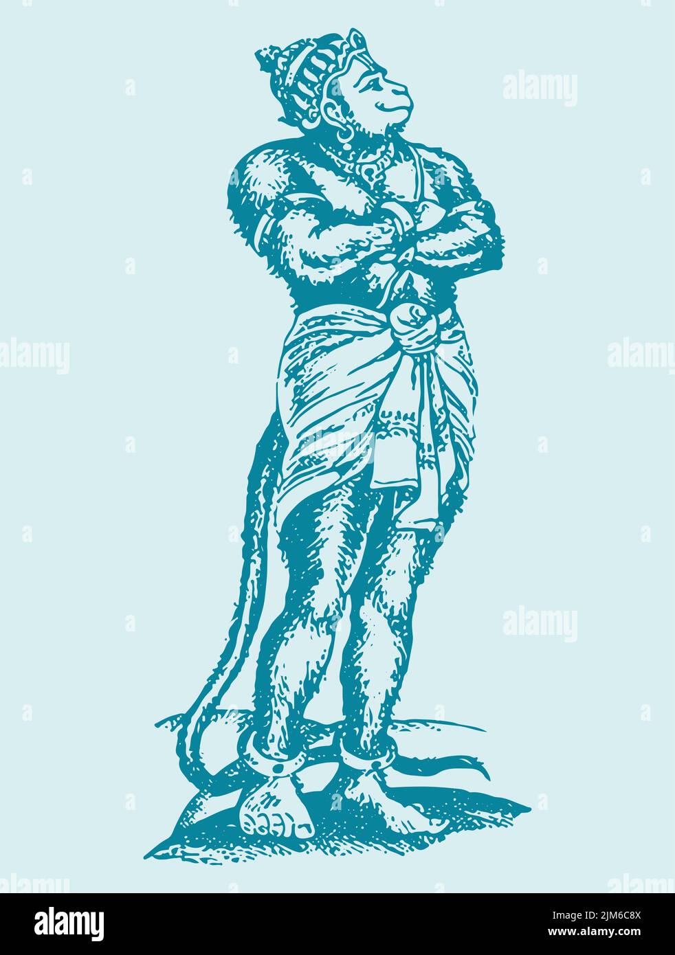 A vertical vector of an art sketch of a Hindu god Hanuman in blue Stock