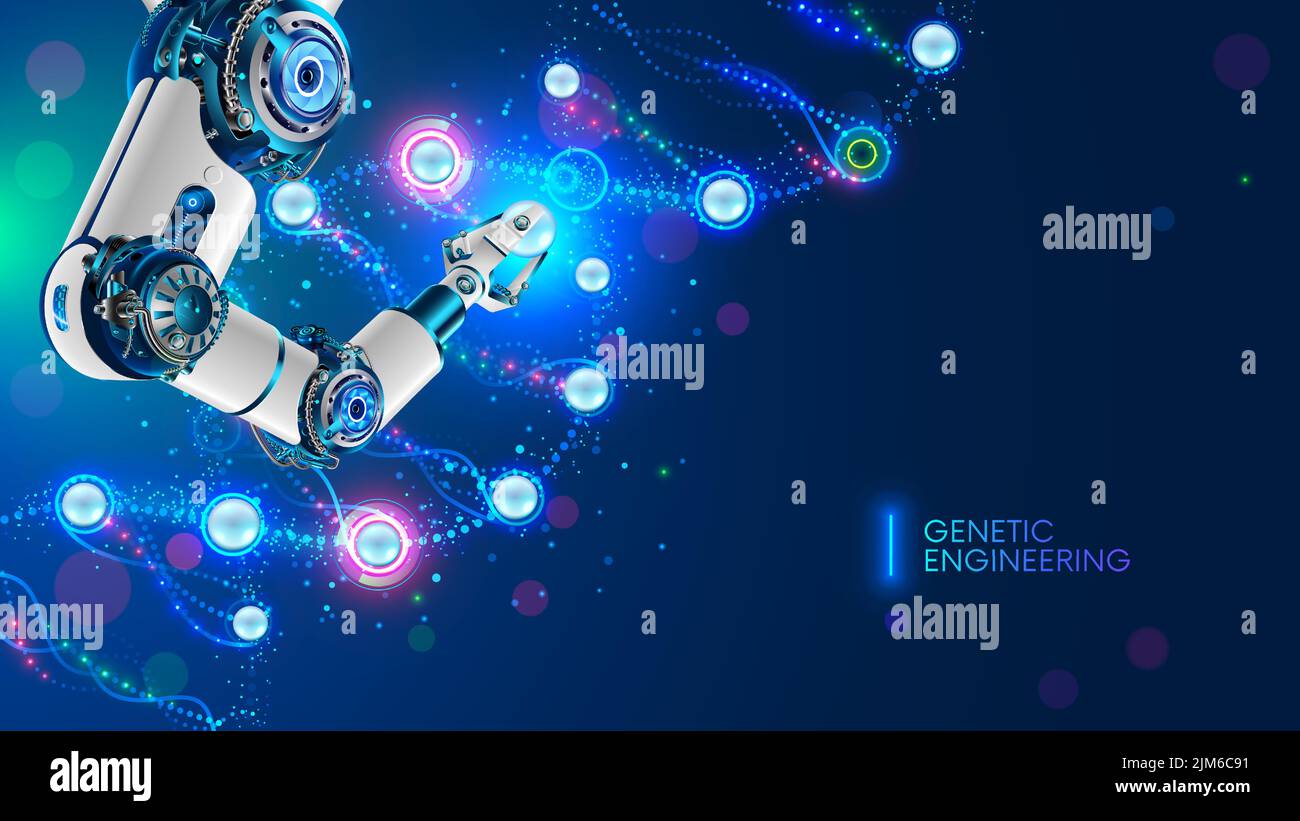 Micro robot edits dna molecule. Genetic engineering future concept. Robotic arm works, changes genes in molecular DNA. Futuristic biotechnology medica Stock Vector