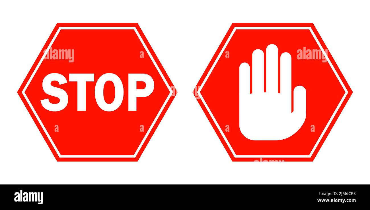 STOP signs in flat design. Vector illustration. Red stop signs isolated on white background Stock Vector