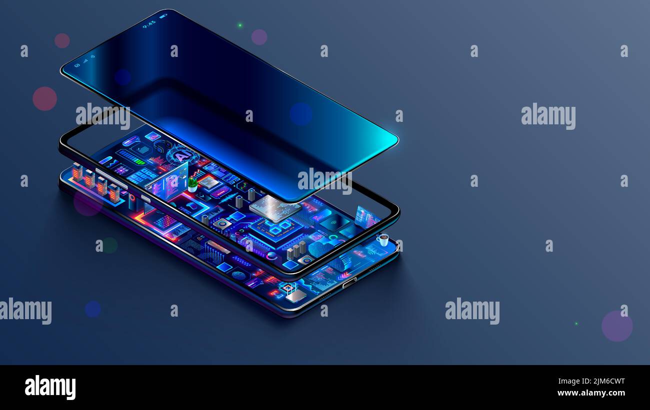 Phone mobile application development concept. Develop Software, hardware of mobile devices. Phone apps engineering. Electronic world inside smartphone Stock Vector
