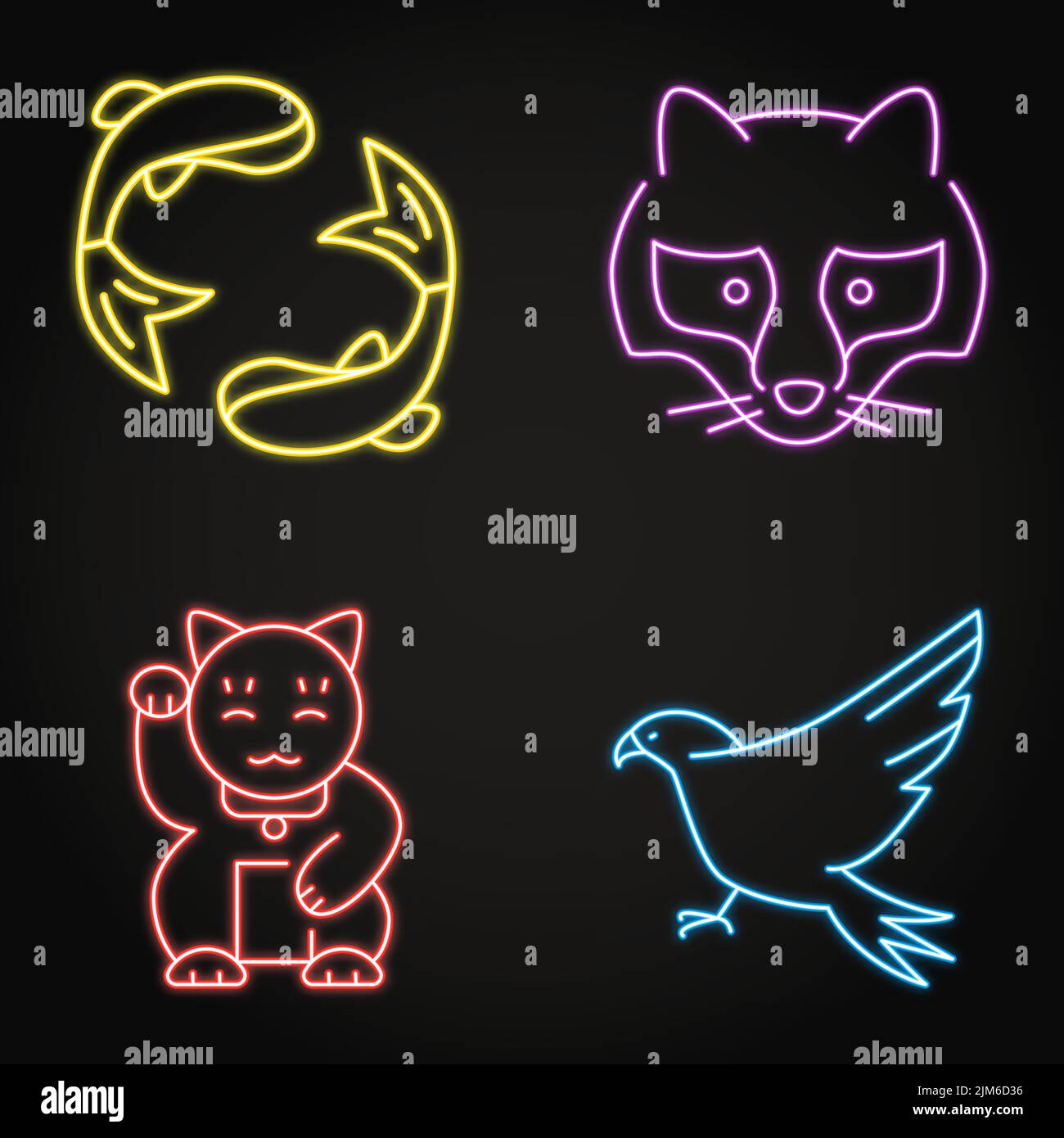 Japan traditional symbols neon icon set. Japanese koi fish, tanuki ...