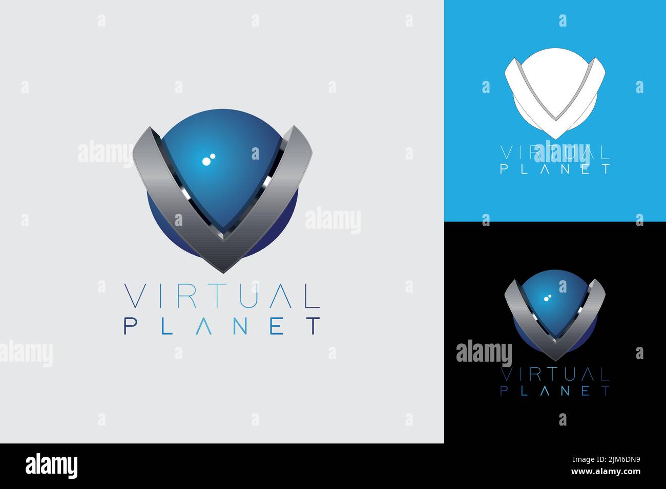 Modern sci-fi 3D logo with globe like sphere and letter V for global digital company or gaming industry Stock Vector
