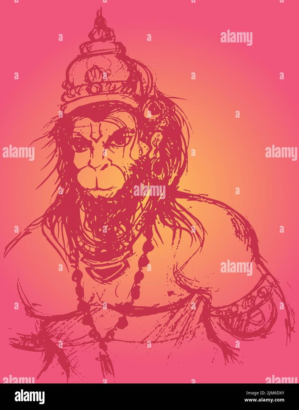 A vector of the Hindu god Lord Hanuman sketch with a crown on a red background Stock Vector