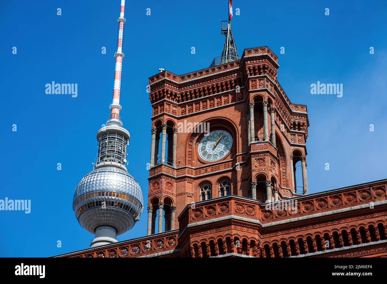 Berlin City Hall Rotes Rathaus with the top of Berlin Television Tower in background Stock Photo