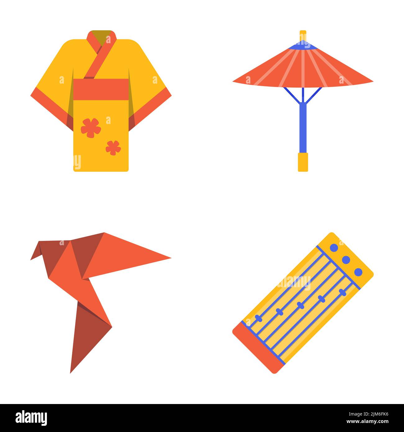Japan national symbols icon set in flat style. Traditional umbrella