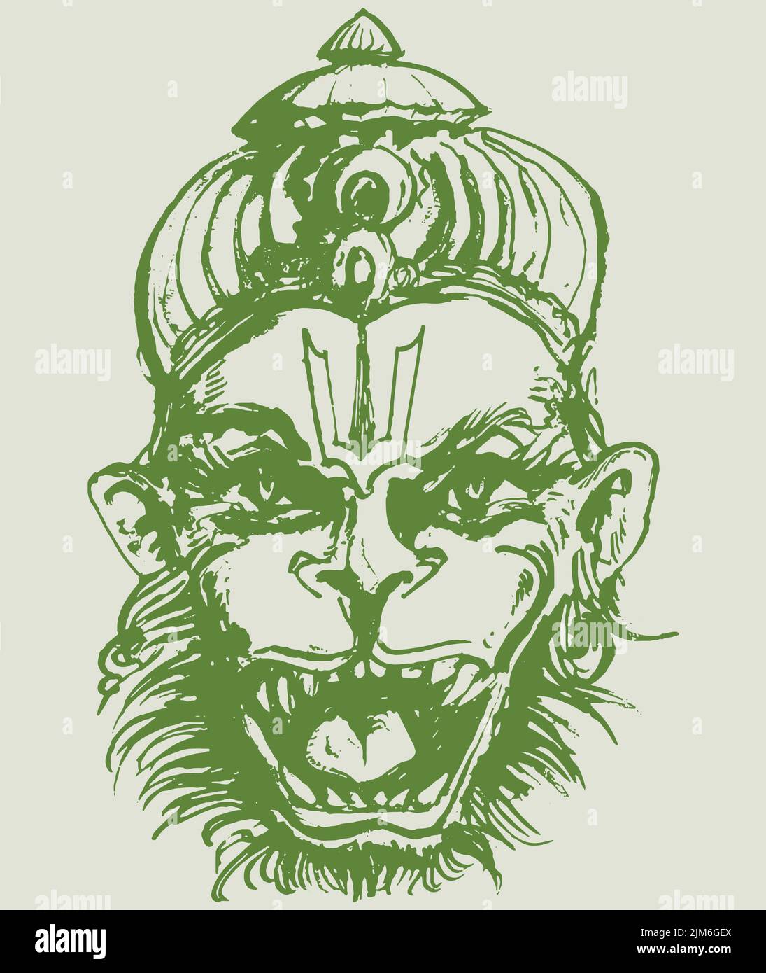 A vector of the Hindu god Lord Hanuman sketch with an angry face on a green background Stock Vector