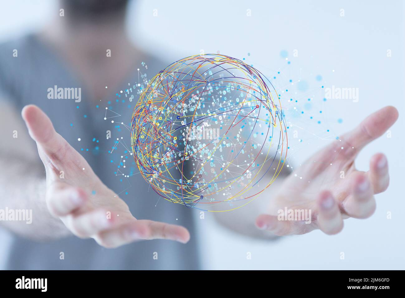 A man showing the data cloud storage network from colorful lines Stock Photo