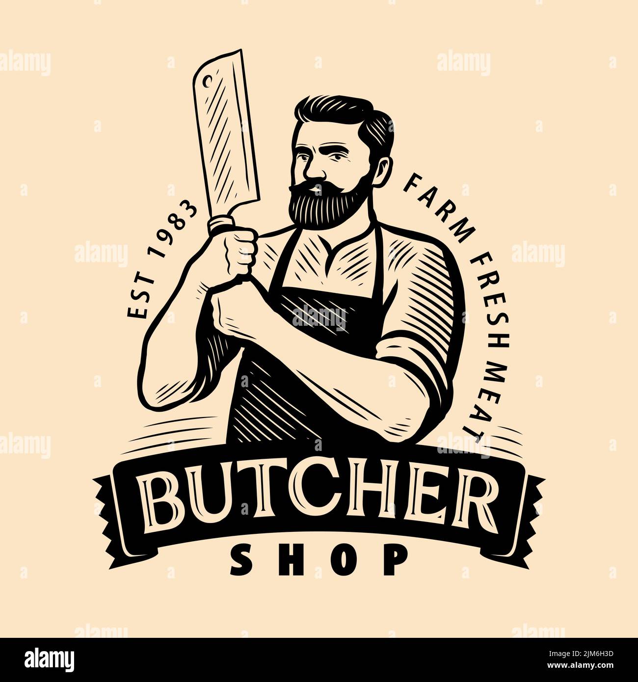 Butcher with cleaver in vintage engraving style. Emblem or logo for butcher shop, grill restaurant, steakhouse menu Stock Vector