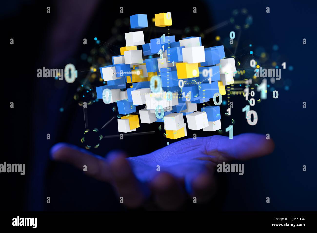 A 3D render of cloud data in boxes being manipulated by a person in a ...
