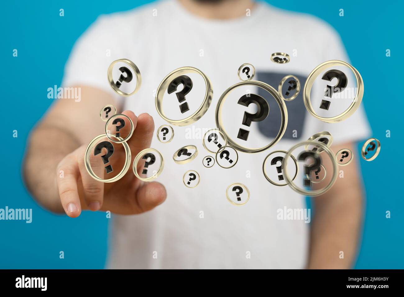 A 3D render of questions marks floating and being manipulated in a