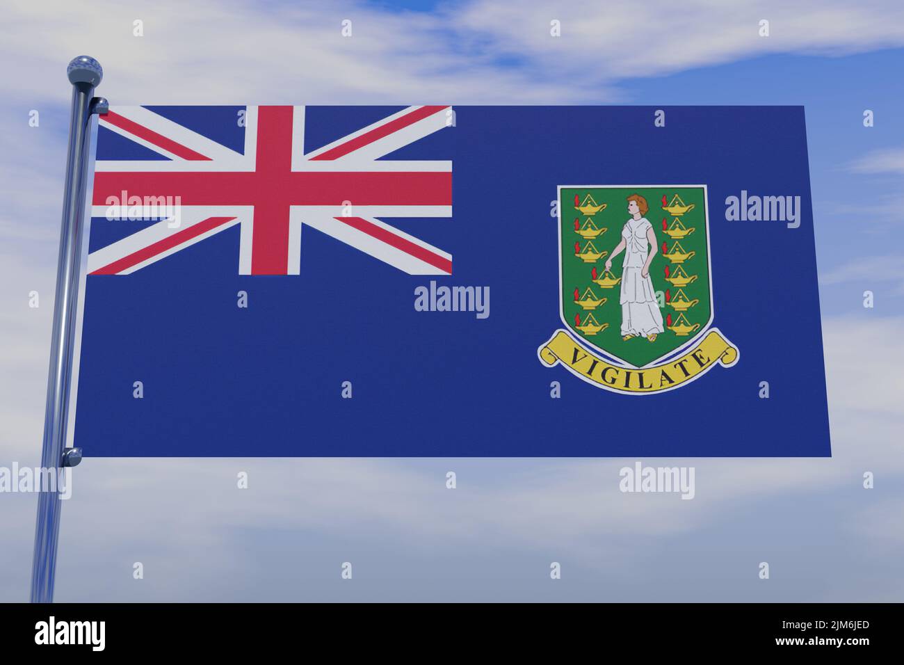 A 3D illustration of the flag of the British Virgin Islands with a chrome flag pole with snap hooks in a blue sky Stock Photo
