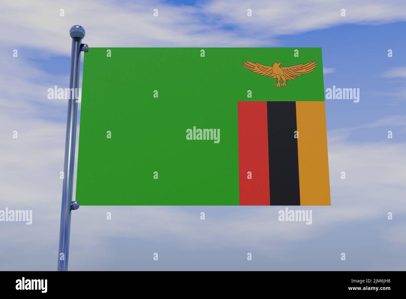 A 3D illustration of the flag of Zambia with a chrome flag pole with ...