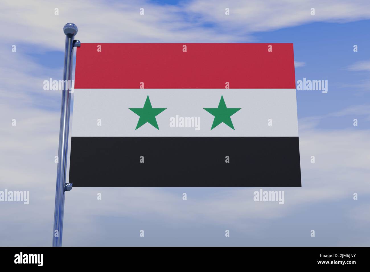 A 3D illustration of the flag of Syrian Arab Republic with a chrome flag pole in the blue sky Stock Photo