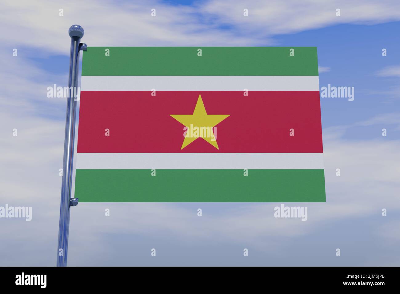 A 3D illustration of the flag of Suriname with a chrome flag pole in ...