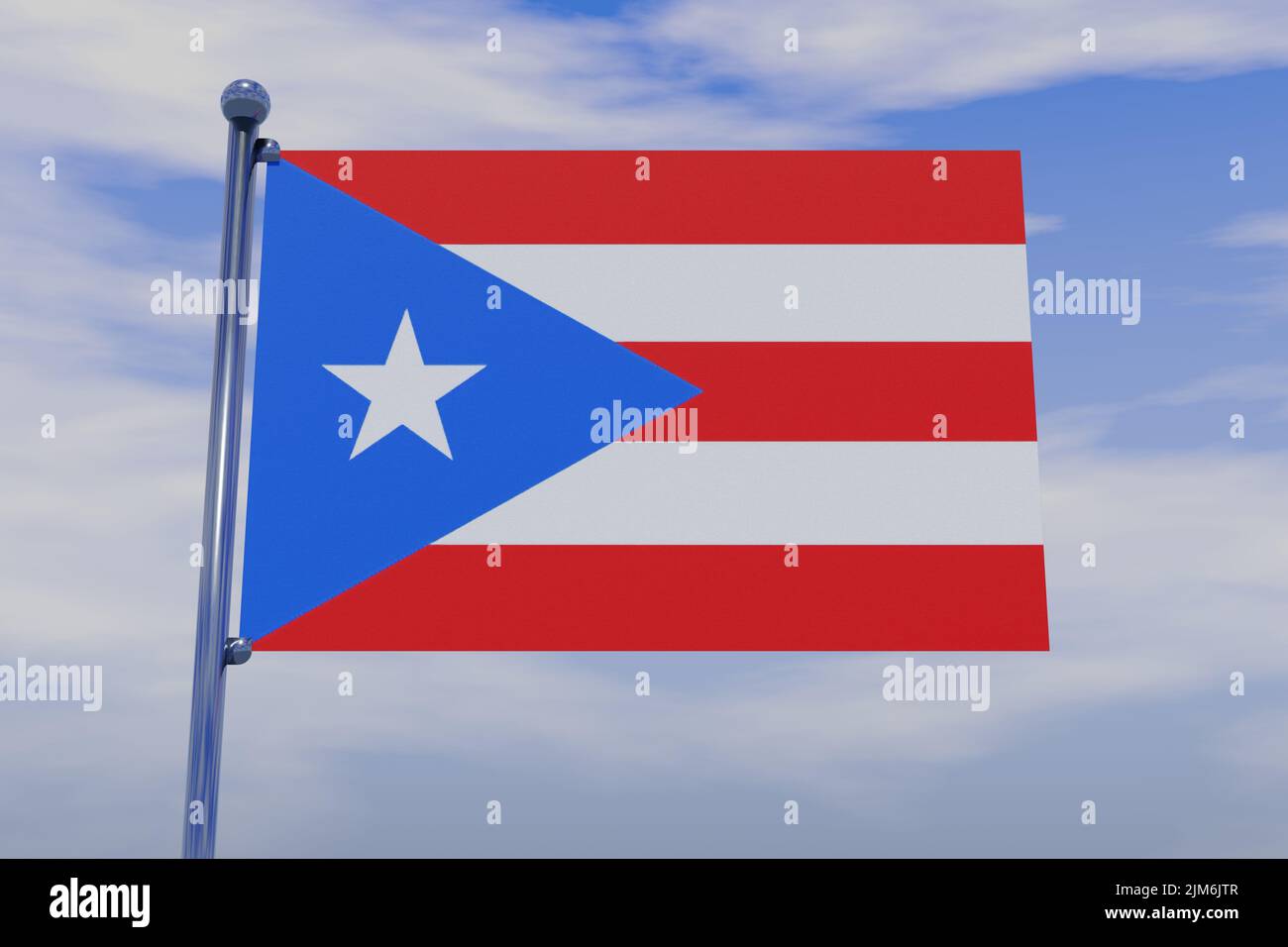 A 3D illustration of the flag of Puerto Rico with a chrome flag pole in ...