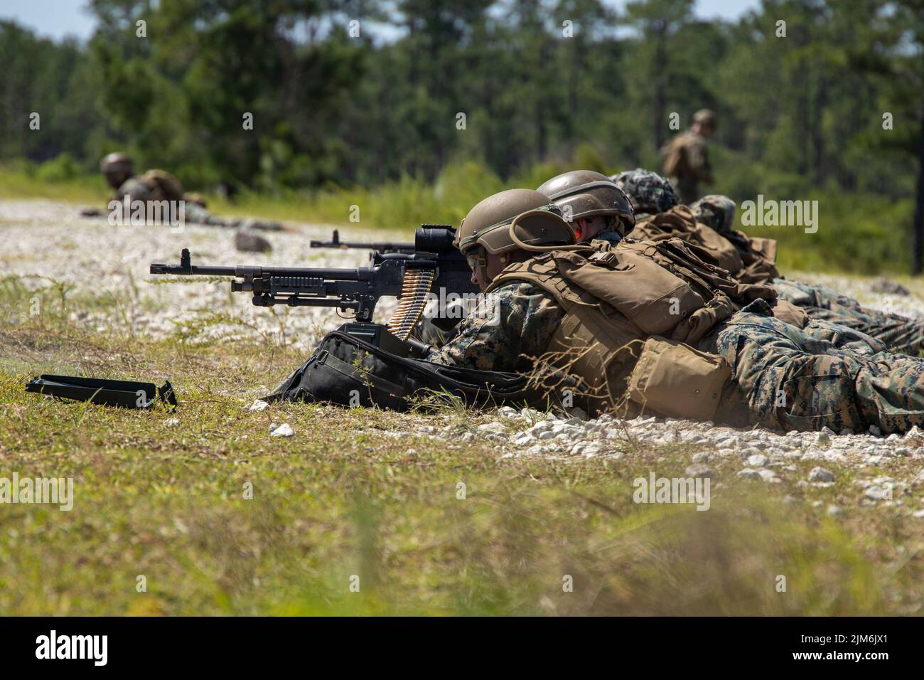 U.S. Marines with II Marine Expeditionary Force lead a combined arms demonstration for Naval Reserve Officer Training Corps (NROTC) Midshipmen during their Summer Training Program at Marine Corps Base Camp Lejeune, North Carolina, August 1, 2022. NROTC Midshipman Summer Training develops and trains Midshipmen in order to provide the Fleet a competent and professional Naval Service Commissioned Officer. (U.S. Marine Corps photo by Lance Cpl. Rafael Brambila-Pelayo) Stock Photo