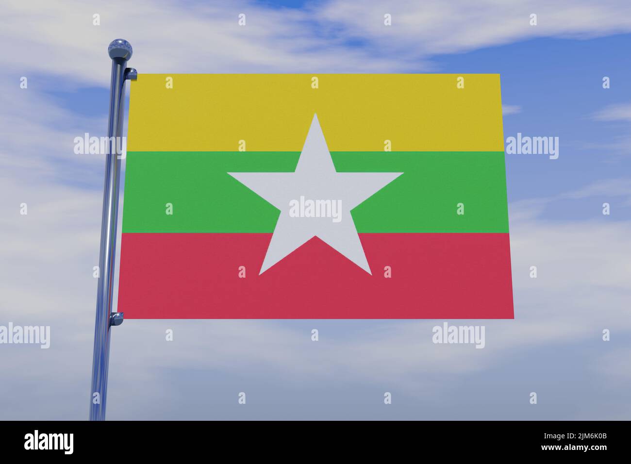A 3D illustration of the flag of Myanmar with a chrome flag pole in the ...