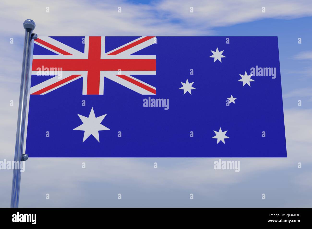 A 3D illustration of the flag of Heard Island and McDonald Islands with a chrome flag pole with snap hooks in a blue sky Stock Photo