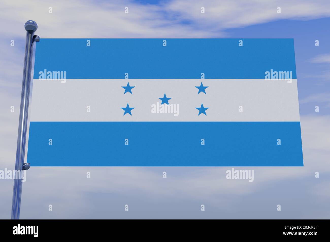 A 3D illustration of the flag of Honduras with a chrome flag pole with snap hooks in a blue sky Stock Photo