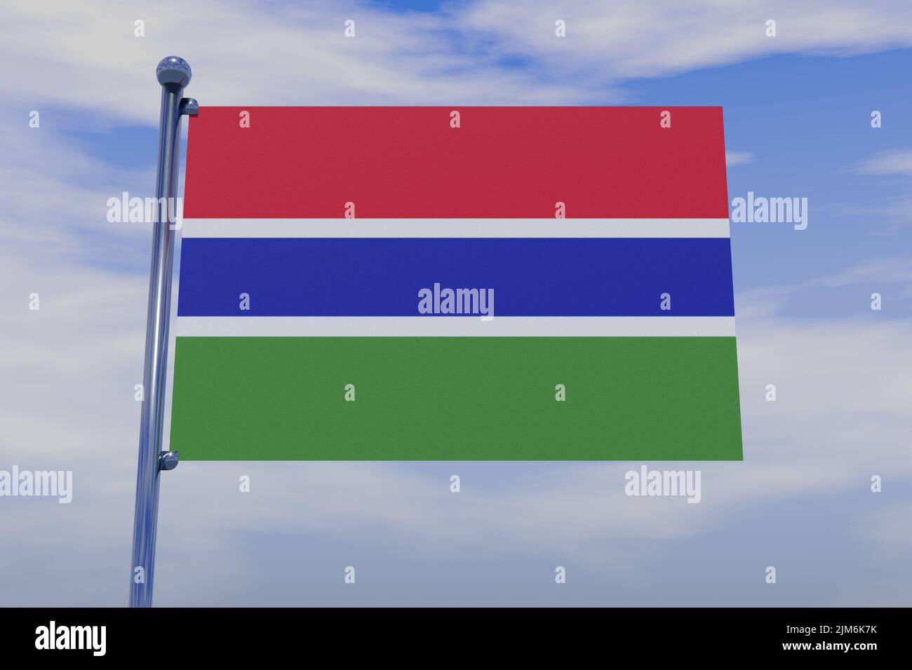 A 3D illustration of the flag of the Gambia with a chrome flag pole ...