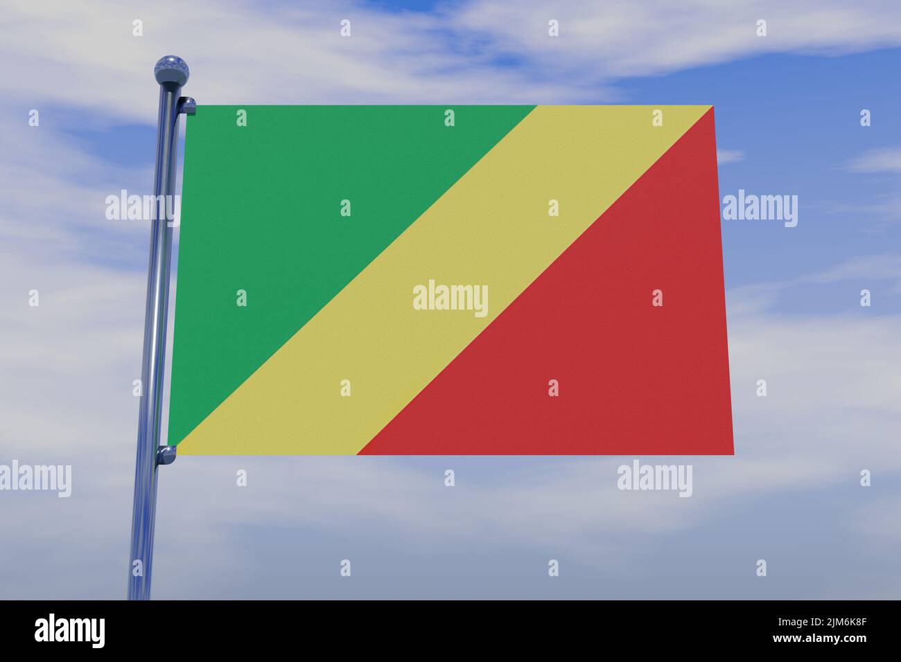 A 3D illustration of the flag of Congo with a chrome flag pole with ...