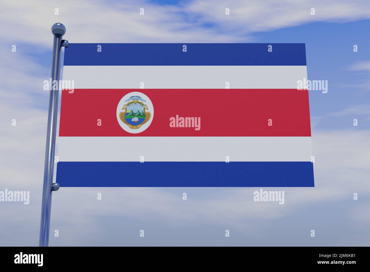 A 3D illustration of the flag of Costa Rica with a chrome flag pole