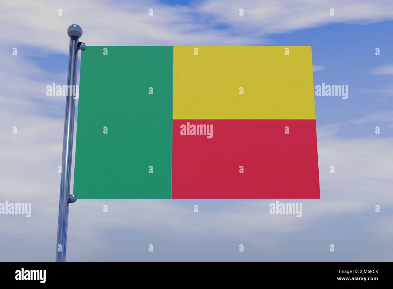 A 3D illustration of the flag of Benin with a chrome flag pole with snap hooks in a blue sky Stock Photo