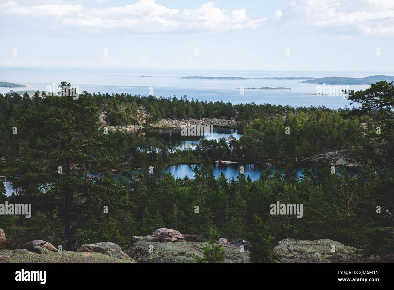 An aerial view of the Bothnian sea seen from Skuleskogen national park, Sweden Stock Photo