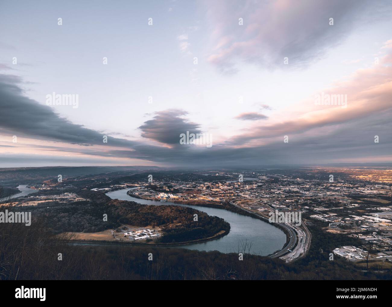 An aerial shot of the Tennessee River in Chattanooga, Tennessee