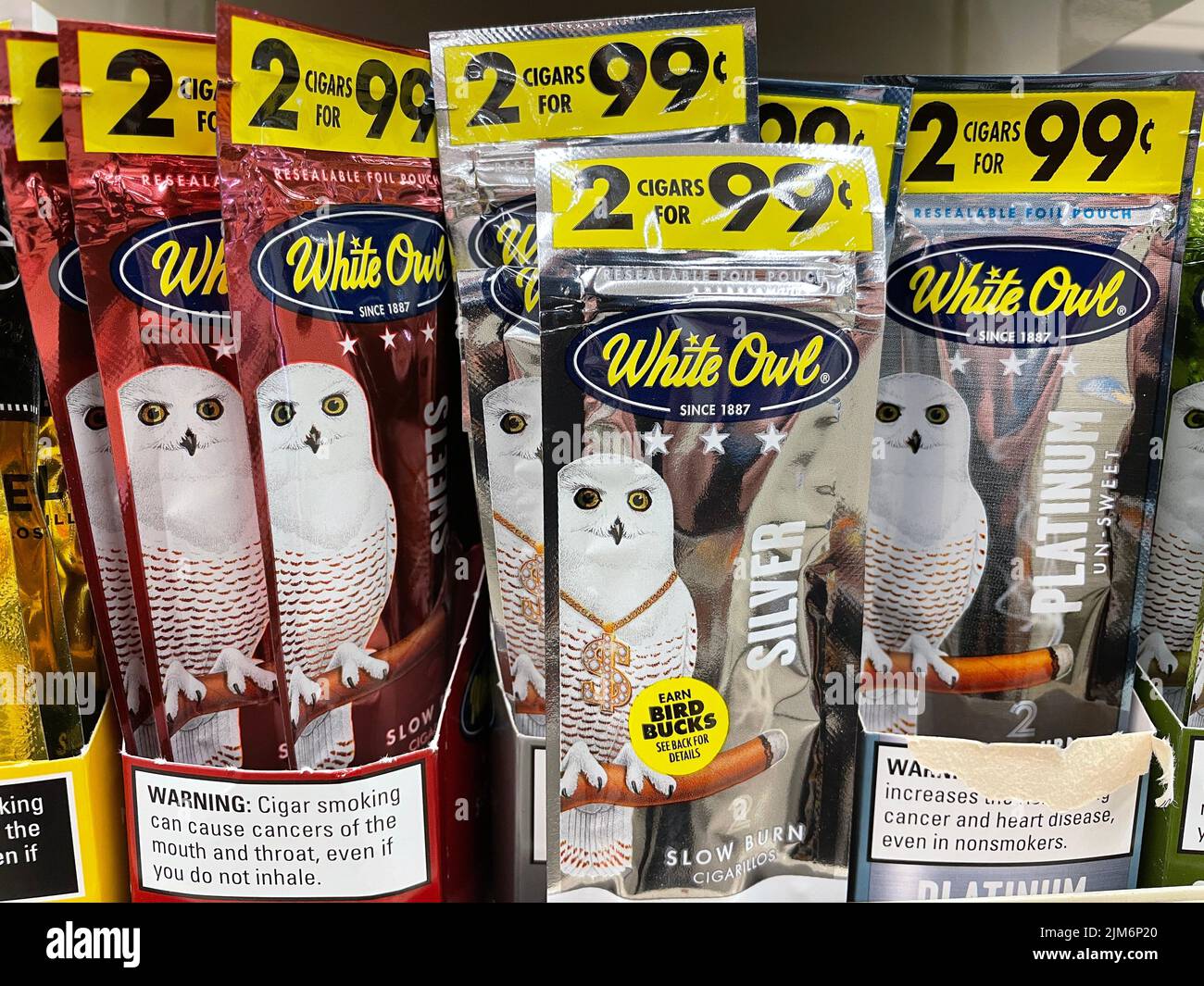 Grovetown, Ga USA - 05 03 22: Flavored Cigars blunts in a retail store White Owl Stock Photo