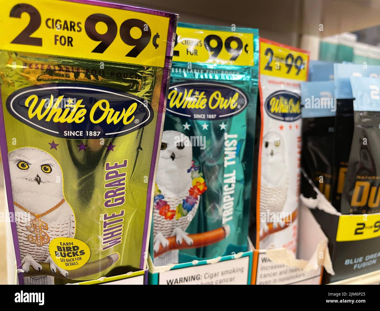 Grovetown, Ga USA - 05 03 22: Flavored Cigars blunts in a retail store White Owl variety Stock Photo