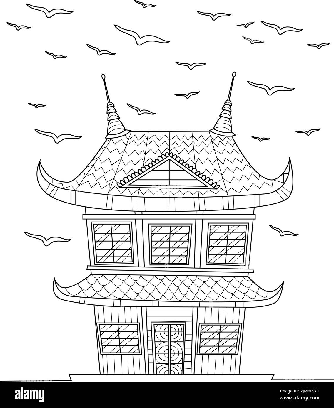 Coloring Book With Traditional Japanese House With Birds In Sky. Sheet To Be Colored With Home In Japan With Flying Cratures In Background. Cultural Stock Vector