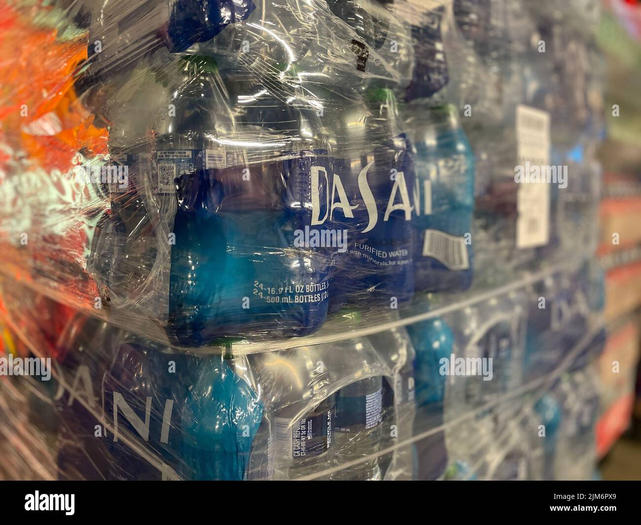 Grovetown, Ga USA - 05 03 22: Retail store drinks plastic wrapped pallet Aquafina water Stock Photo