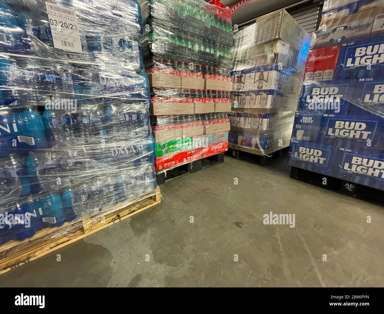 Grovetown, Ga USA - 05 03 22: Retail store drinks plastic wrapped pallets delivery retail store Stock Photo